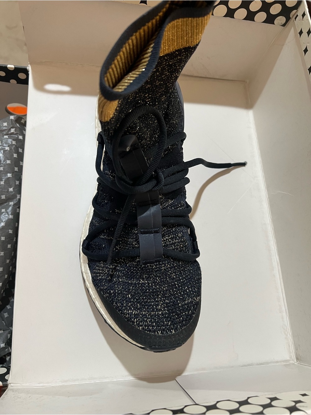 Adidas by Stella McCartney Black Knit High-Top Sneaker with Gold Ankle Stripe